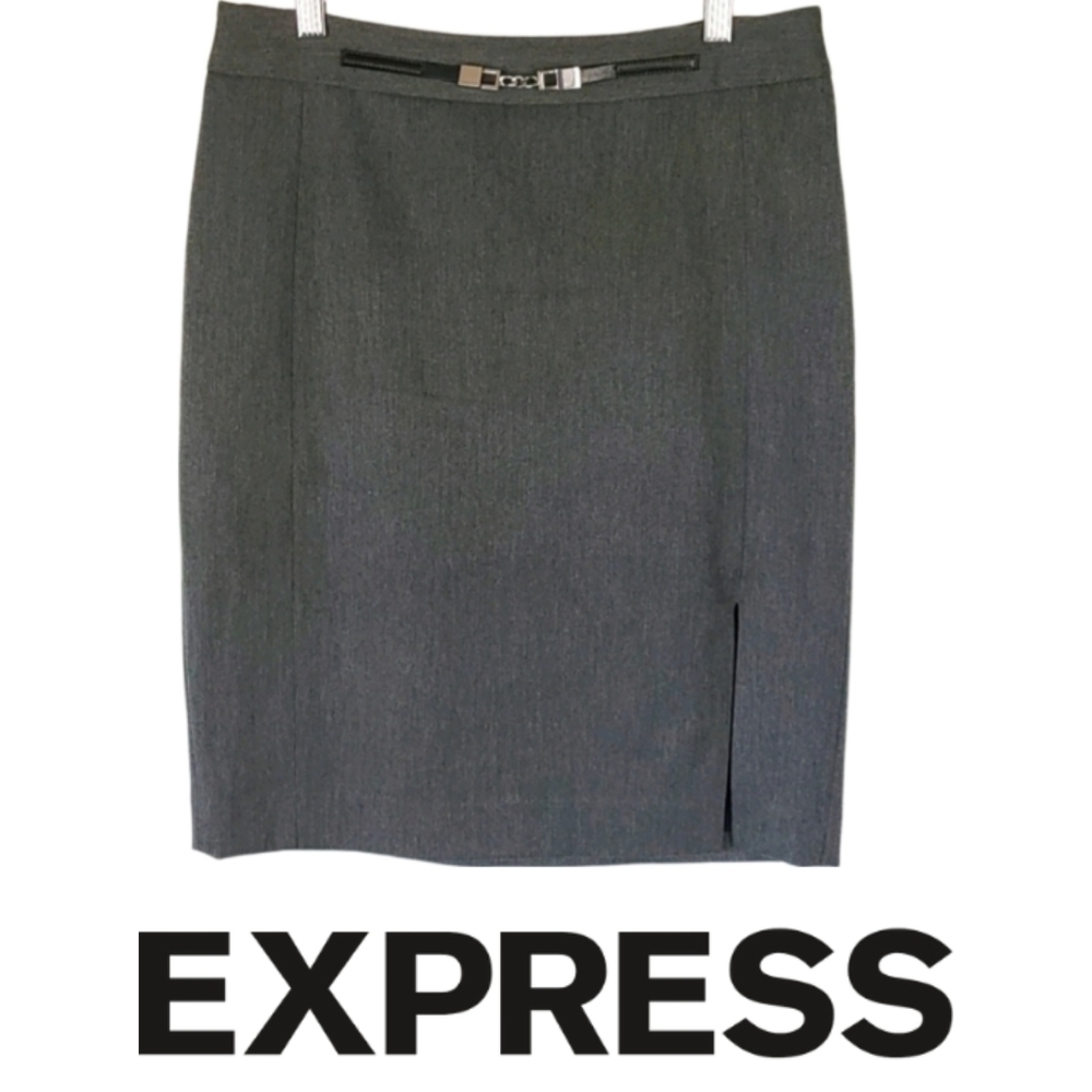 Y2K Retro Express Pencil Skirt with Buckle Belt in Gray and Silver, 8